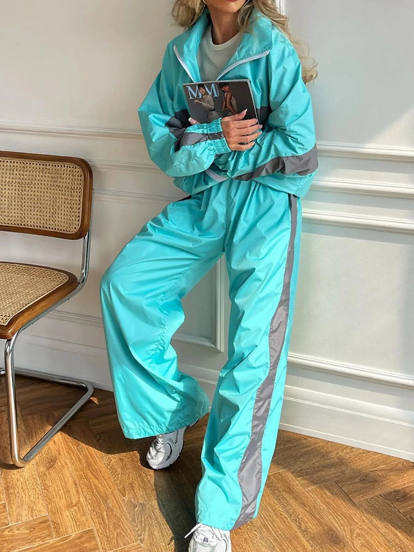 Zip Up Long Sleeve Top and Pants Set Trendsi
