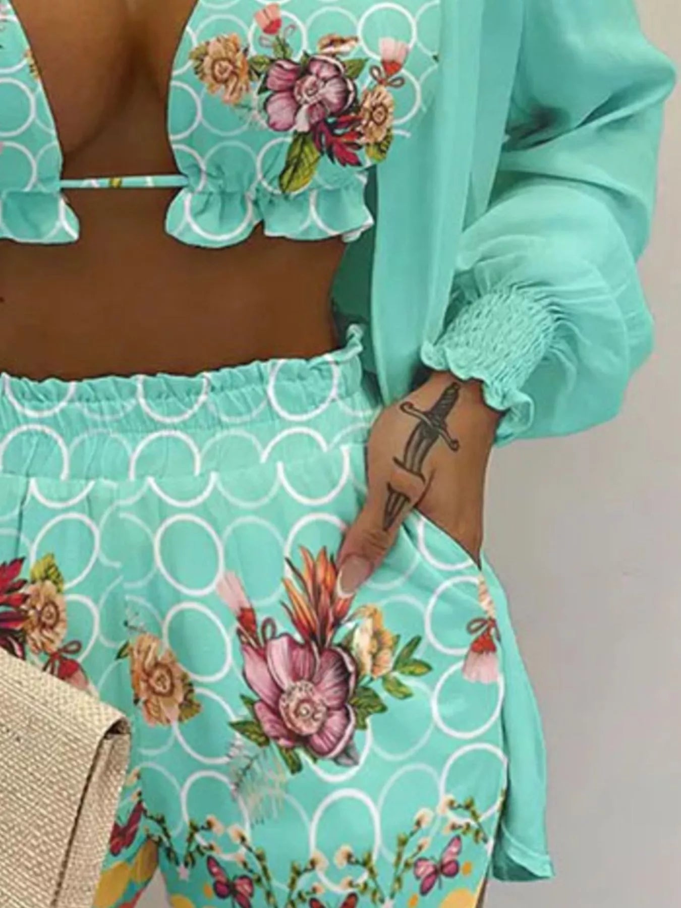 Full Size Halter Neck Cami & Shirt & Shorts 3-Piece Outfit Set Plus Size 