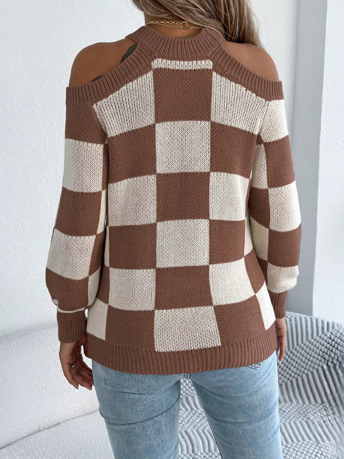 Cold Shoulder Checkered Long Sleeve Sweater 