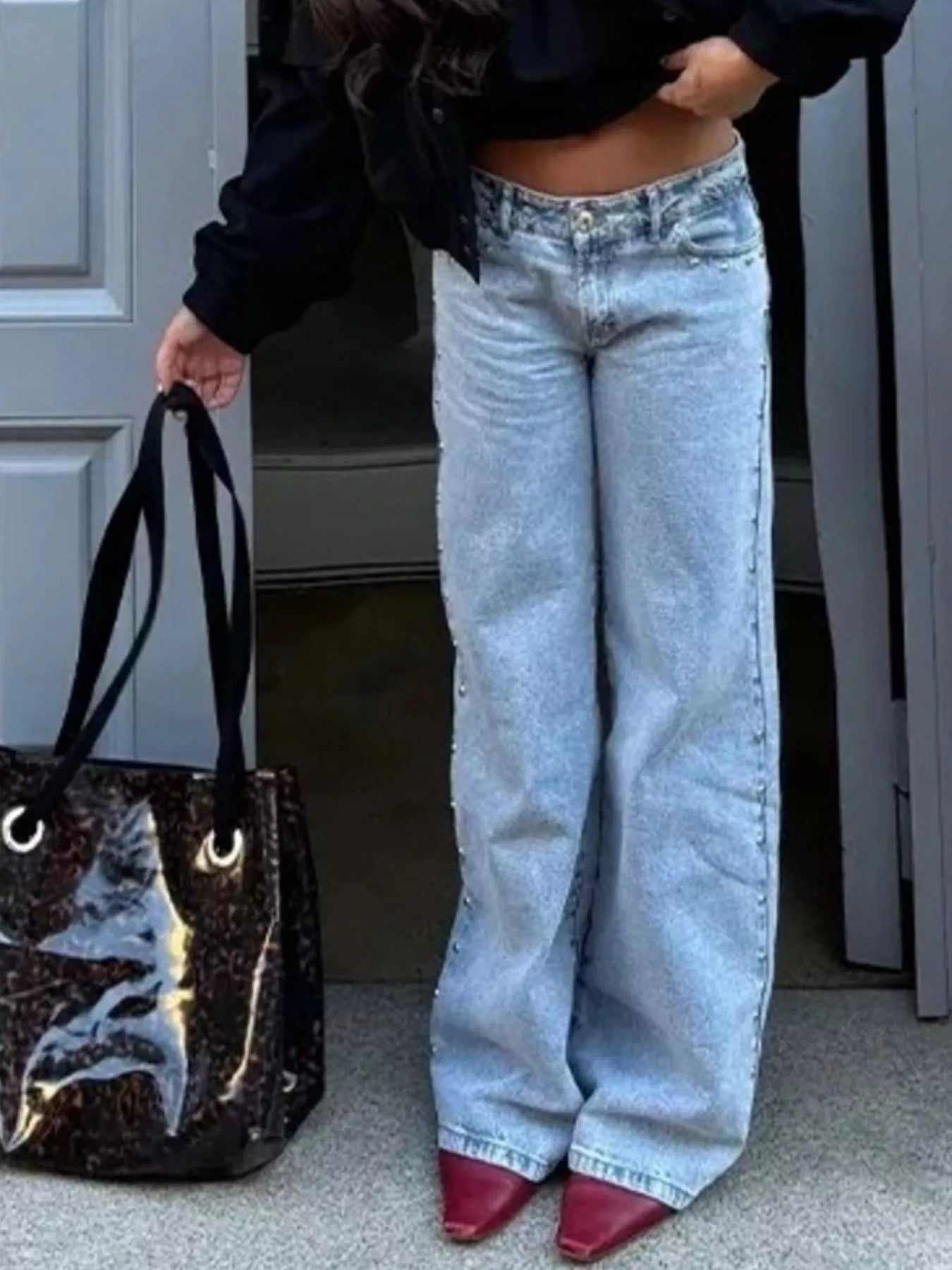 Leopard Star Patches Wide Leg Jeans Trendsi