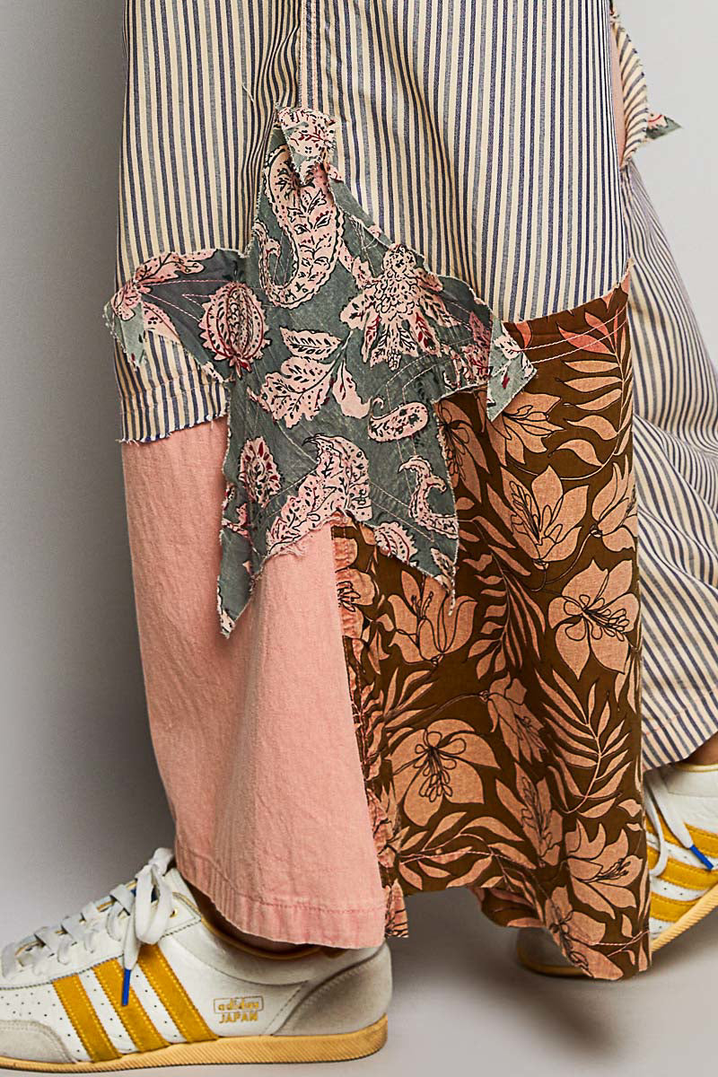 POL Striped Floral Patchwork Wide leg Pants with Side Big Star Patch Trendsi