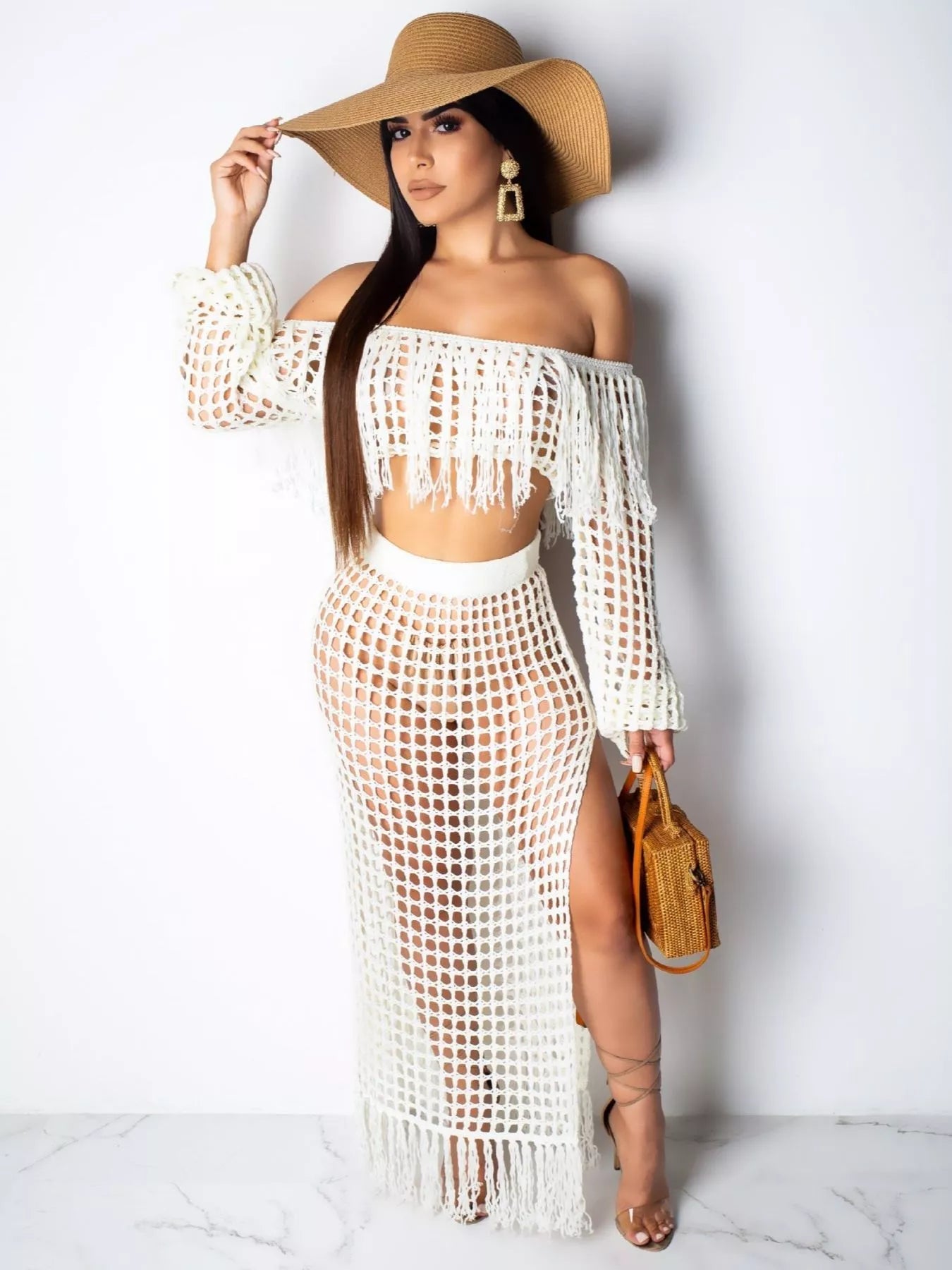 Full Size Crochet Off-Shoulder Fringe Top and Skirt Set Plus Size Trendsi