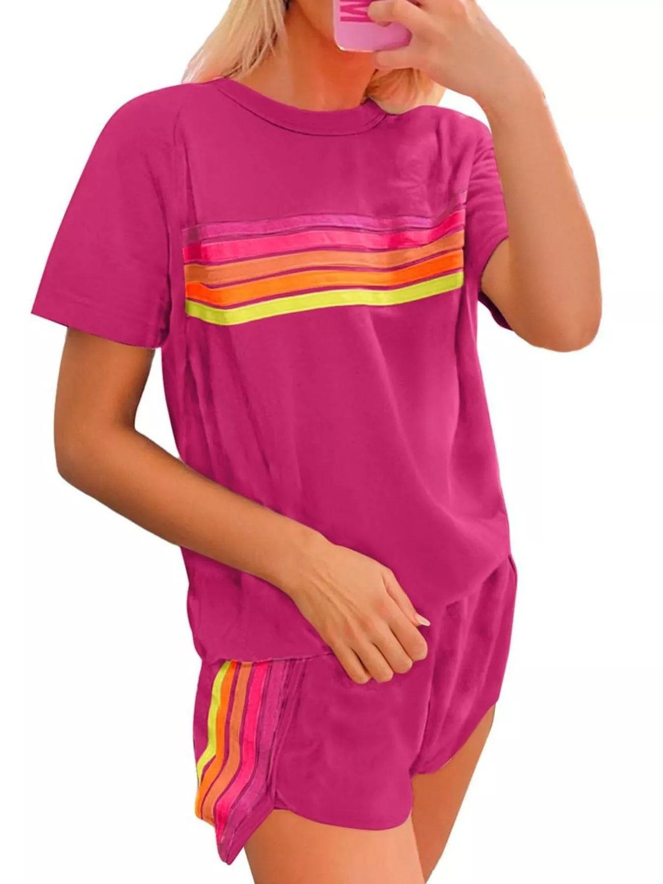 Rainbow Striped Round Neck Top and Shorts Set Trendsi