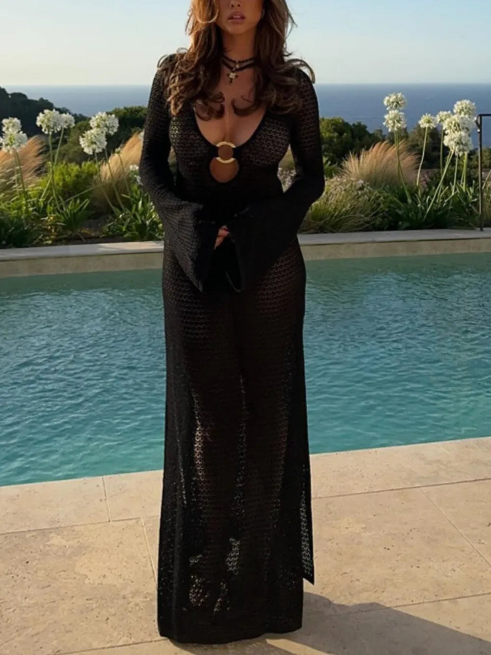 Slit Plunge Flare Sleeve Cover-Up Dress 