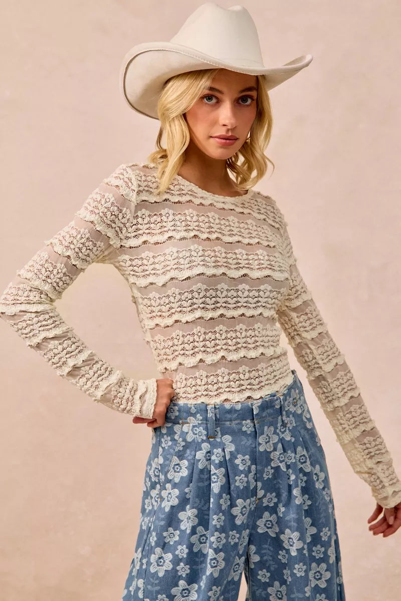 BiBi Ruffles Detail Flower Lace Top Trendsi