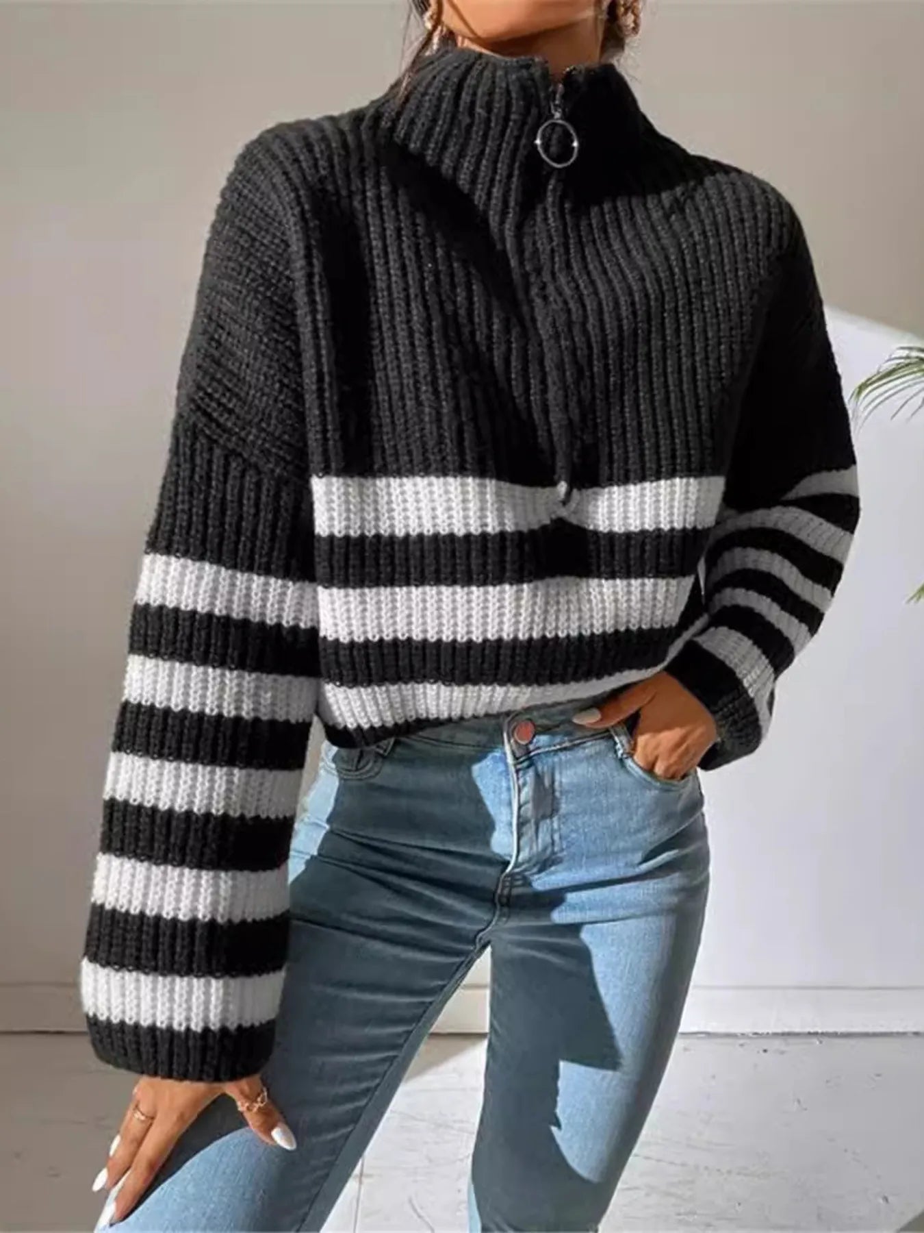 Striped Half Zip Cropped Sweater 