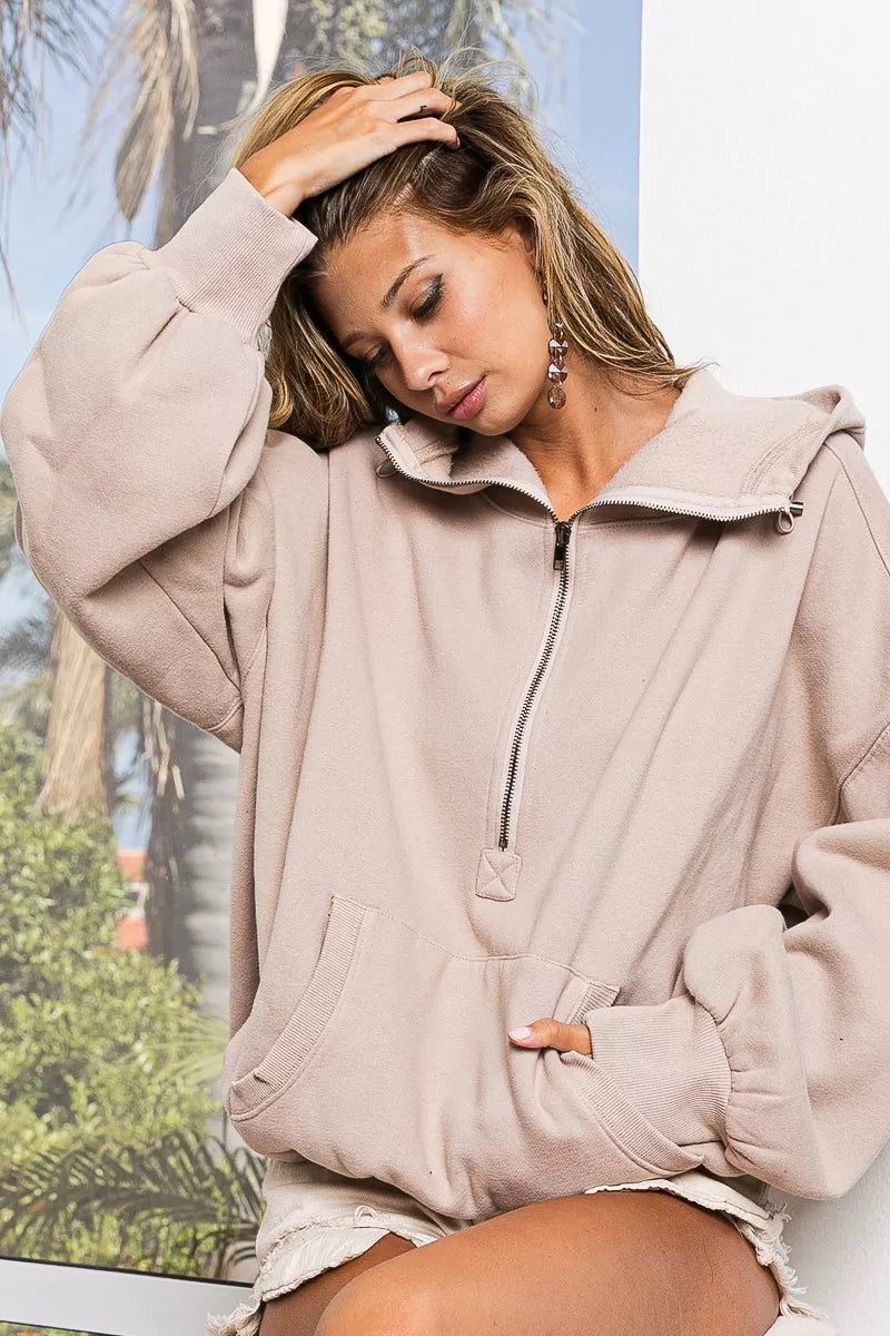 BiBi Stitch Detailed Elastic Hem Half Zip Fleece Hoodie Trendsi