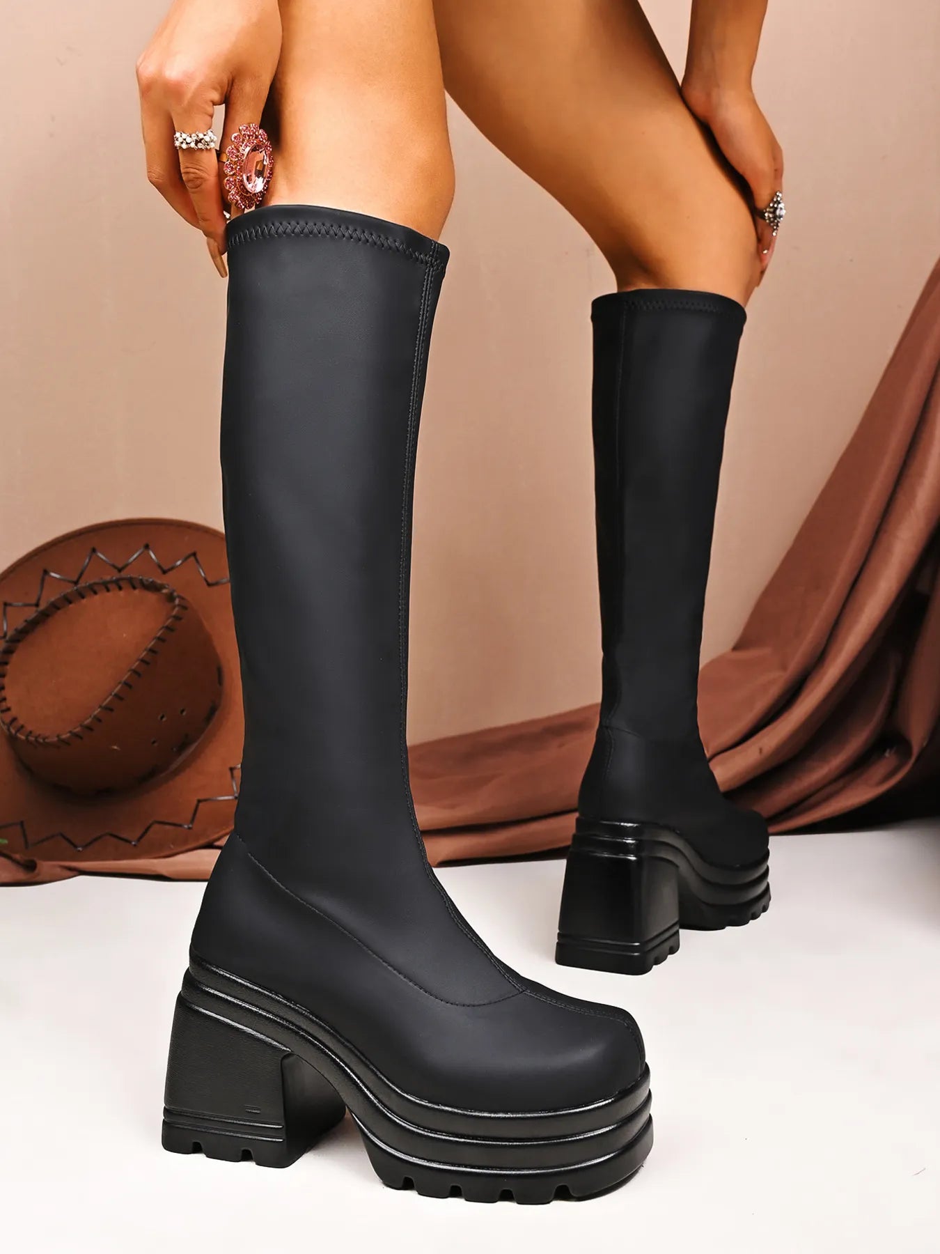 Square Toe Platform Block Heels Boots Trendsi