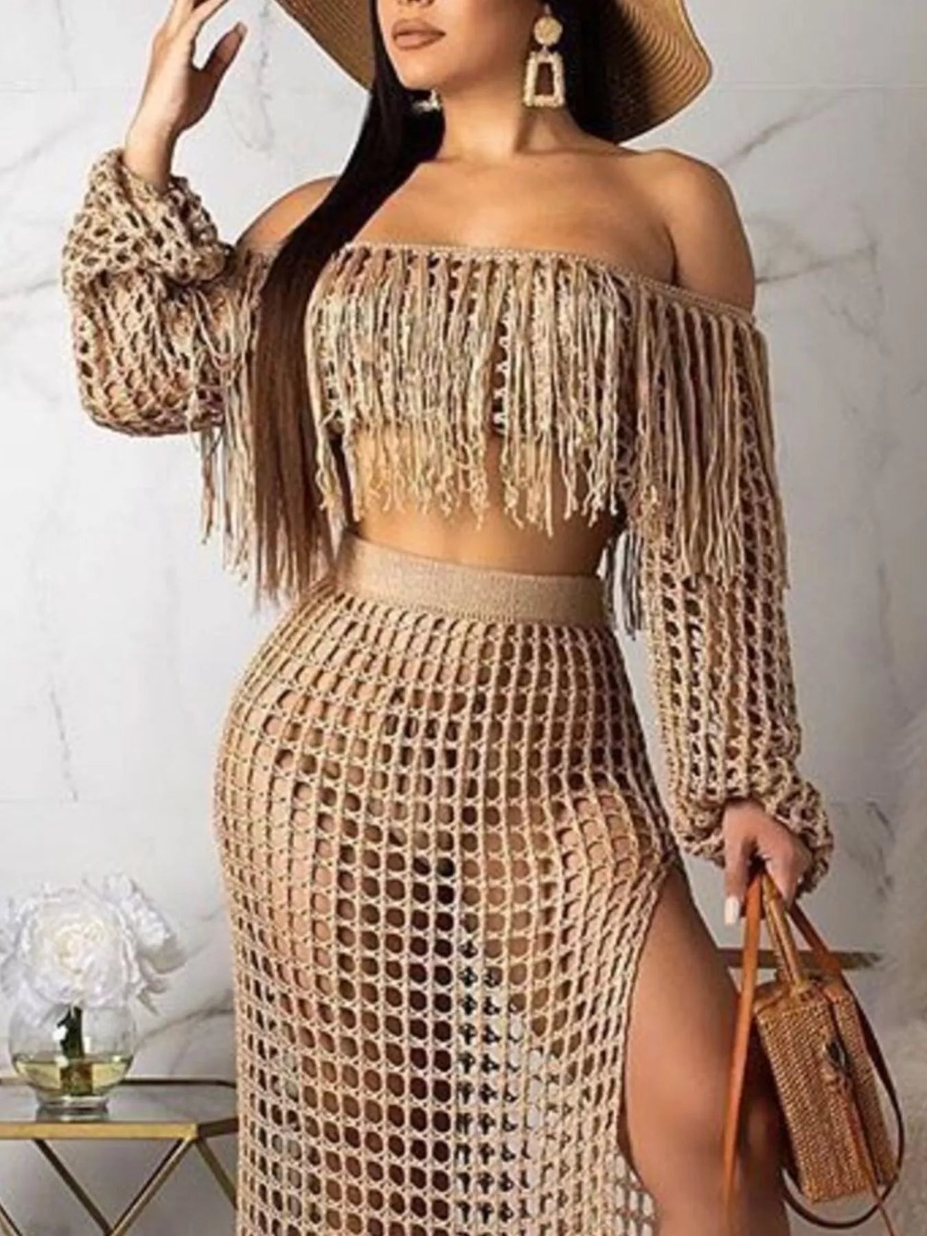 Full Size Crochet Off-Shoulder Fringe Top and Skirt Set Plus Size Trendsi
