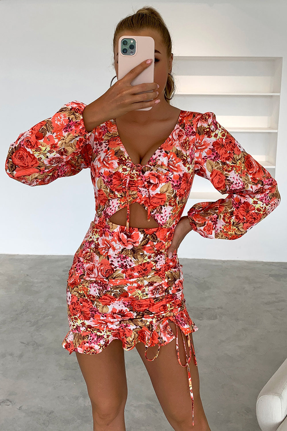 Floral Cutout Long Sleeve Mini Dress Trendsi