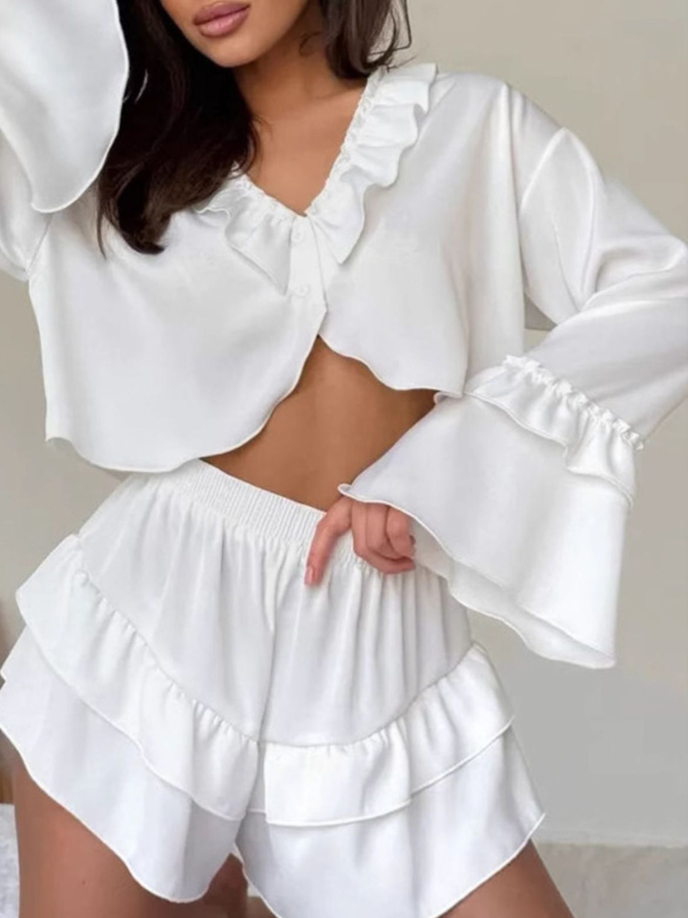 Ruffled V-Neck Top and Shorts Set Trendsi