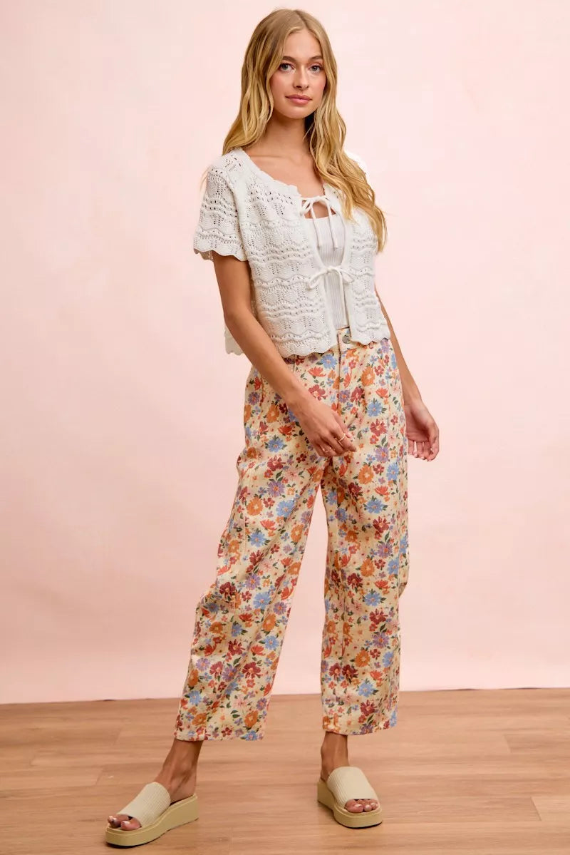BiBi Washed Floral Printed Twill Barrel Pants Trendsi
