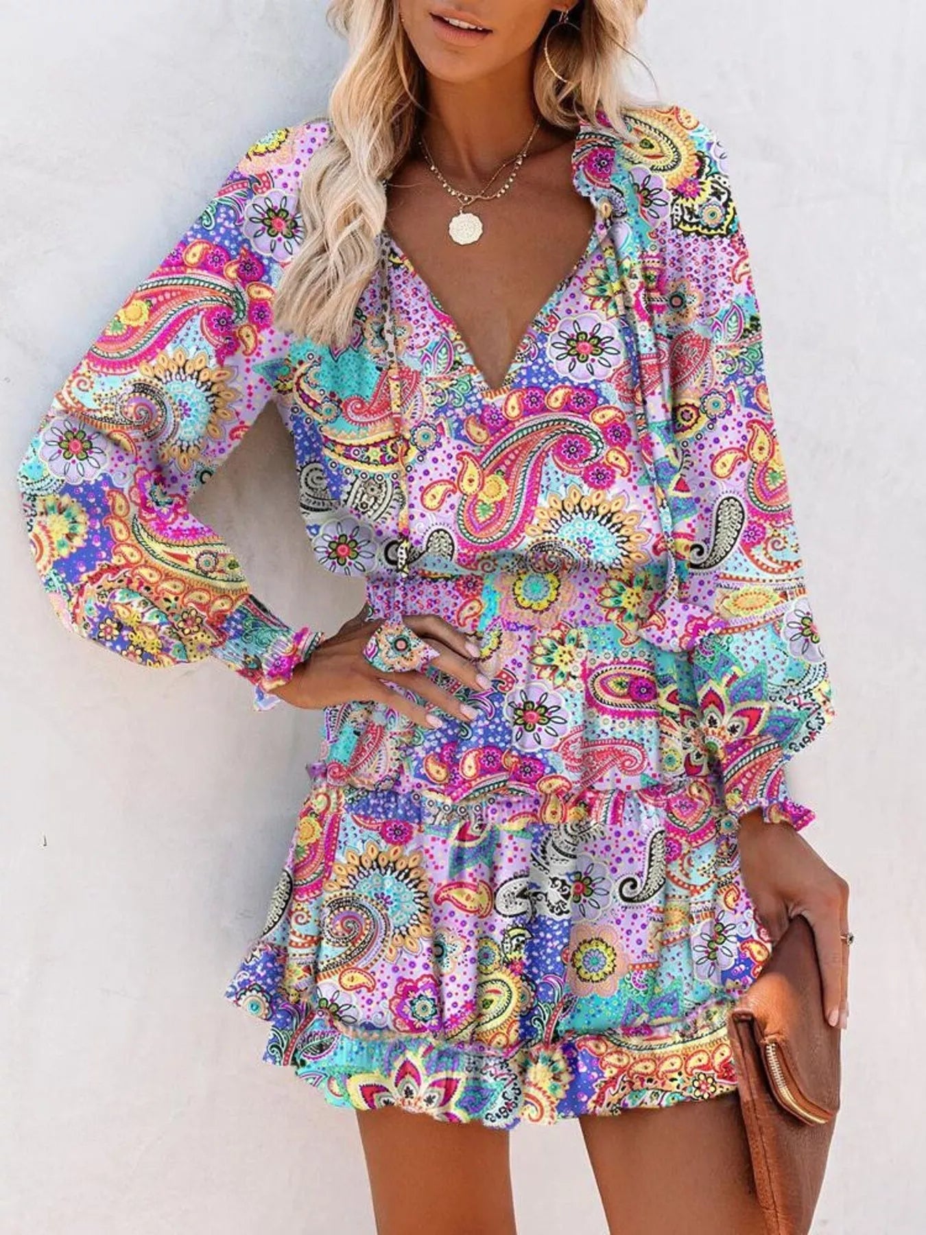 Tie Neck Lantern Sleeve Dress Trendsi
