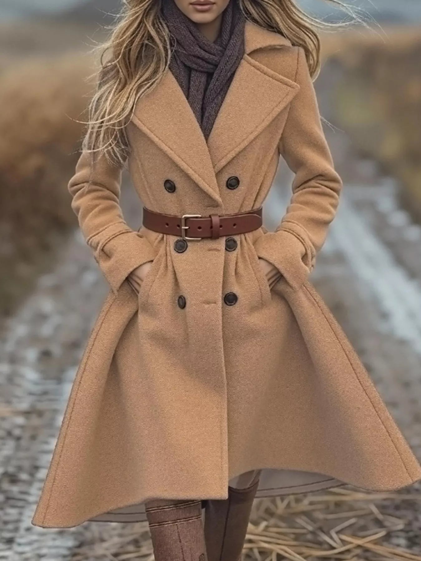 Double-Breasted Wool Blend Coat 