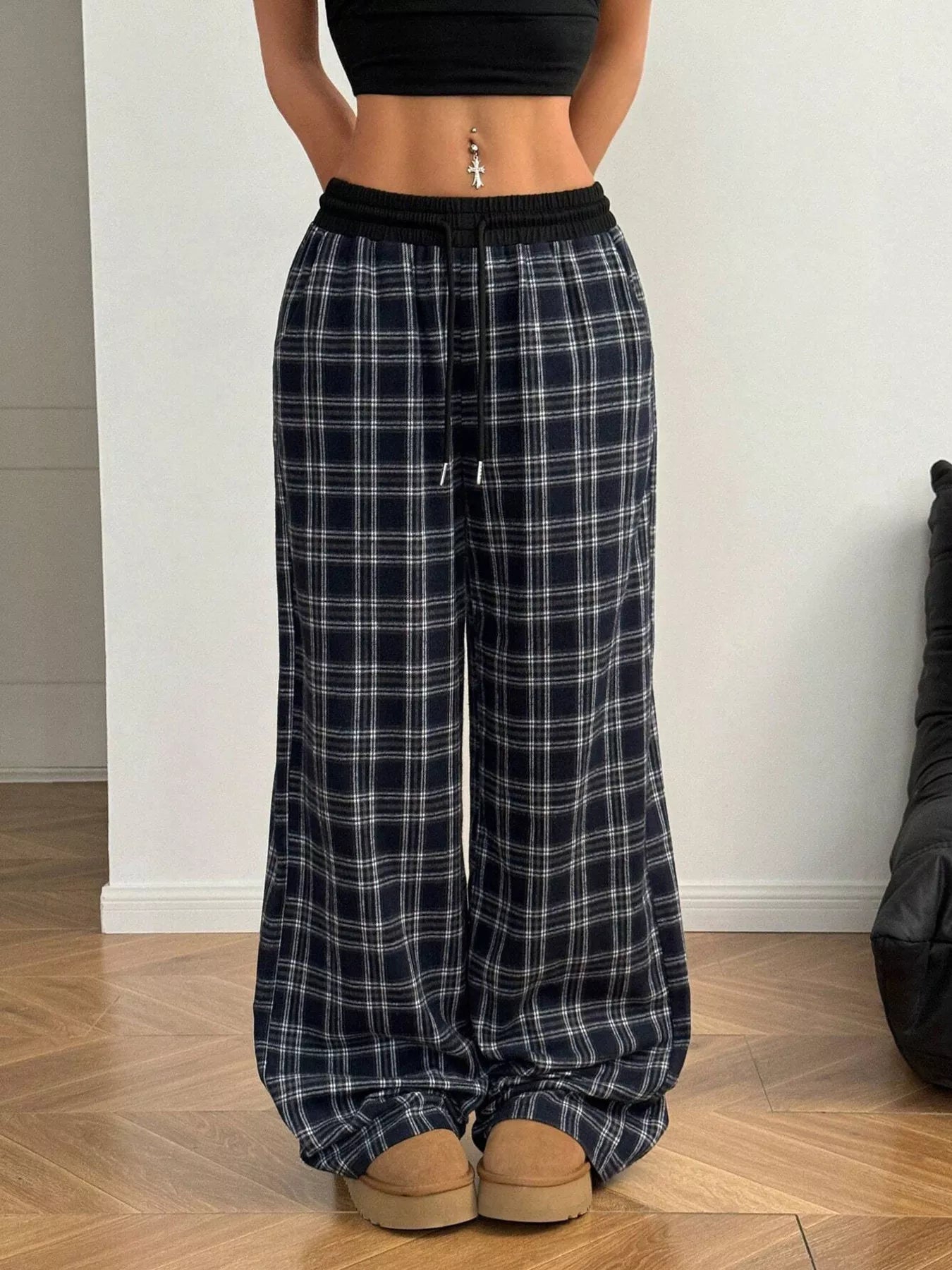 Plaid Wide-Leg Pants with Elastic Waistband 