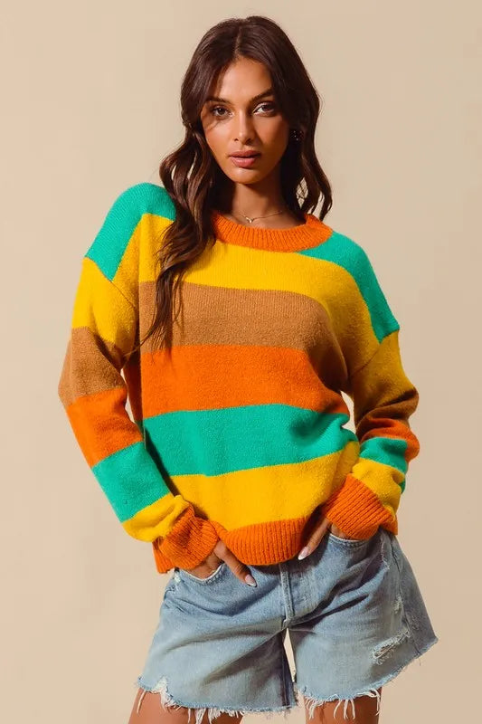 SO ME Multi Color Stripe Sweater with Ribbed Deta