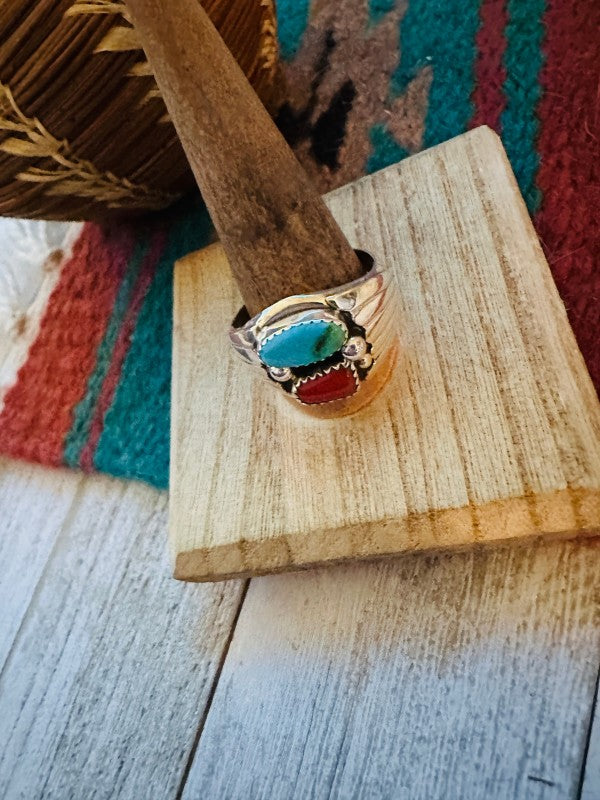 Navajo Turquoise, Coral & Sterling Silver Ring 