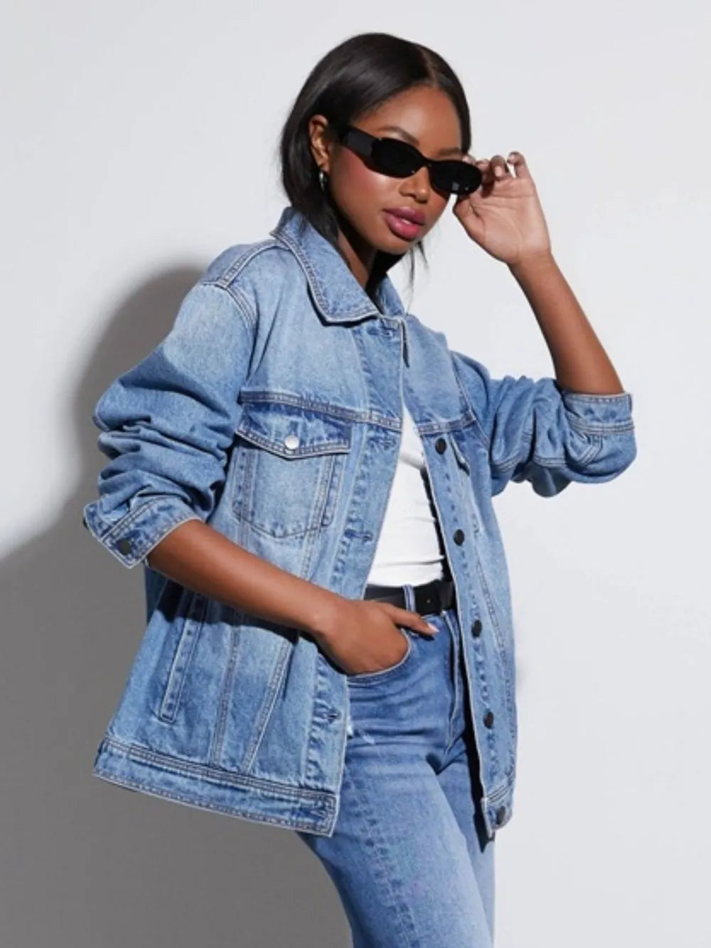 Button Up Collared Neck Denim Jacket 