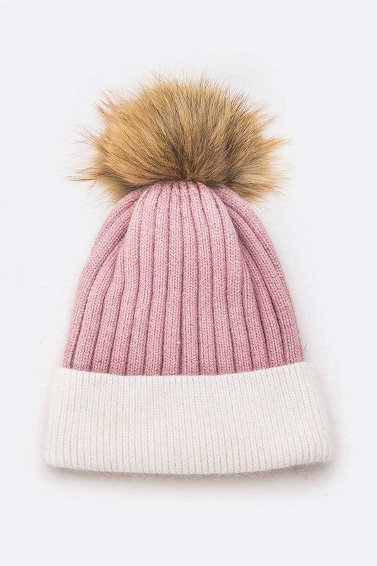 Raccoon Fur PomPom 2 Tone Beanie LA Jewelry Plaza