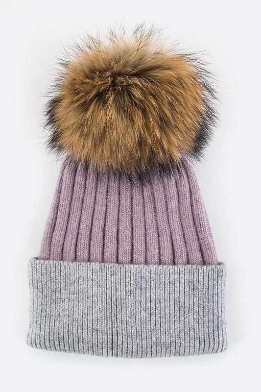 Raccoon Fur PomPom 2 Tone Beanie LA Jewelry Plaza