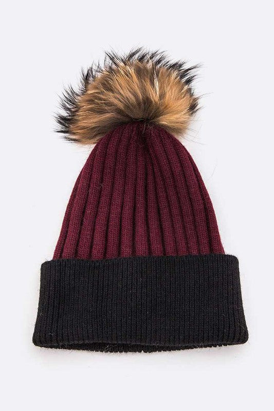Raccoon Fur PomPom 2 Tone Beanie LA Jewelry Plaza