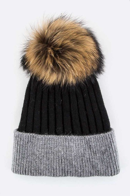 Raccoon Fur PomPom 2 Tone Beanie LA Jewelry Plaza