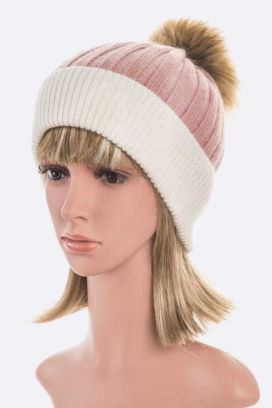 Raccoon Fur PomPom 2 Tone Beanie LA Jewelry Plaza