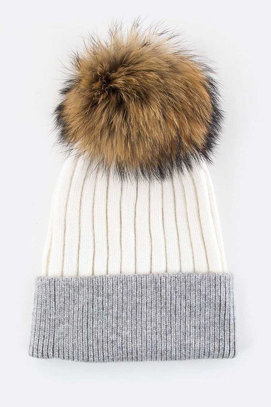 Raccoon Fur PomPom 2 Tone Beanie LA Jewelry Plaza