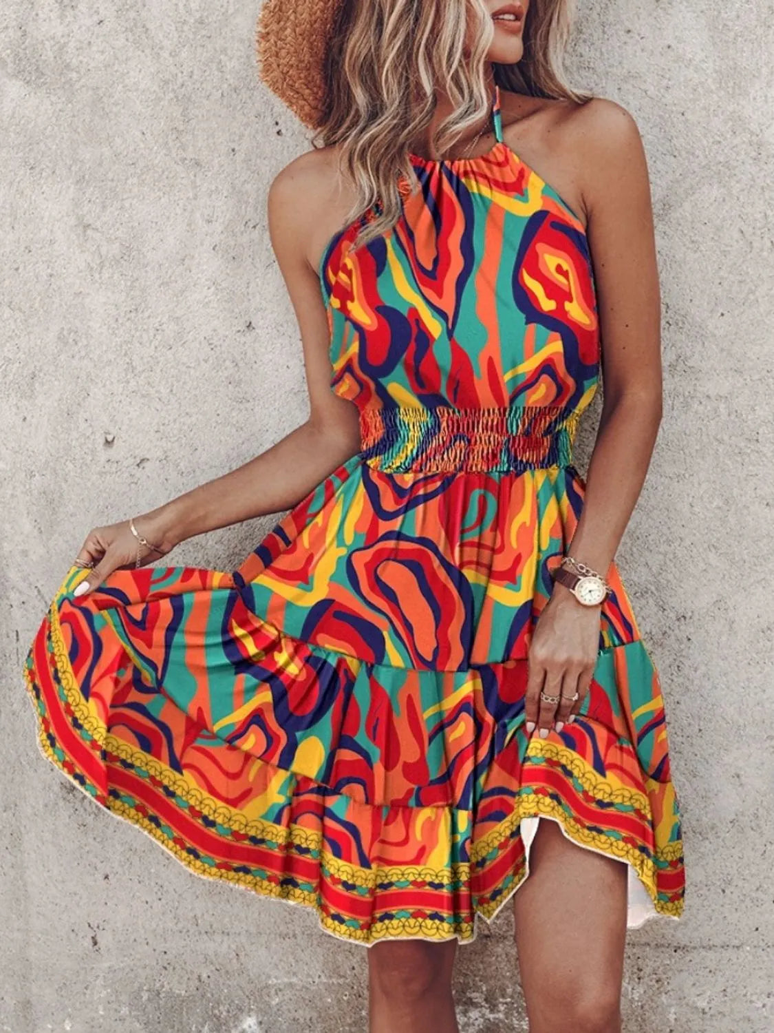 Paisley Print Halter Neck Mini Dress Trendsi