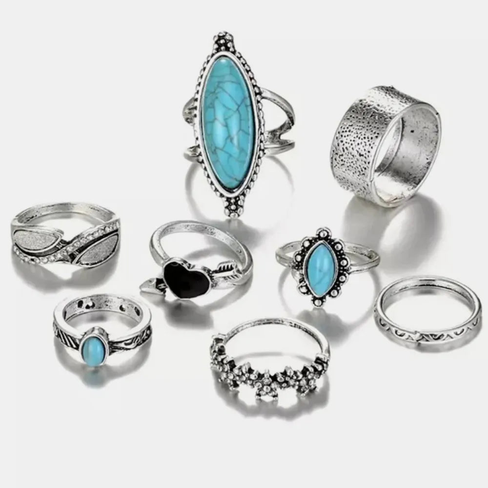 Turquoise Alloy 8-Piece Ring Set Trendsi