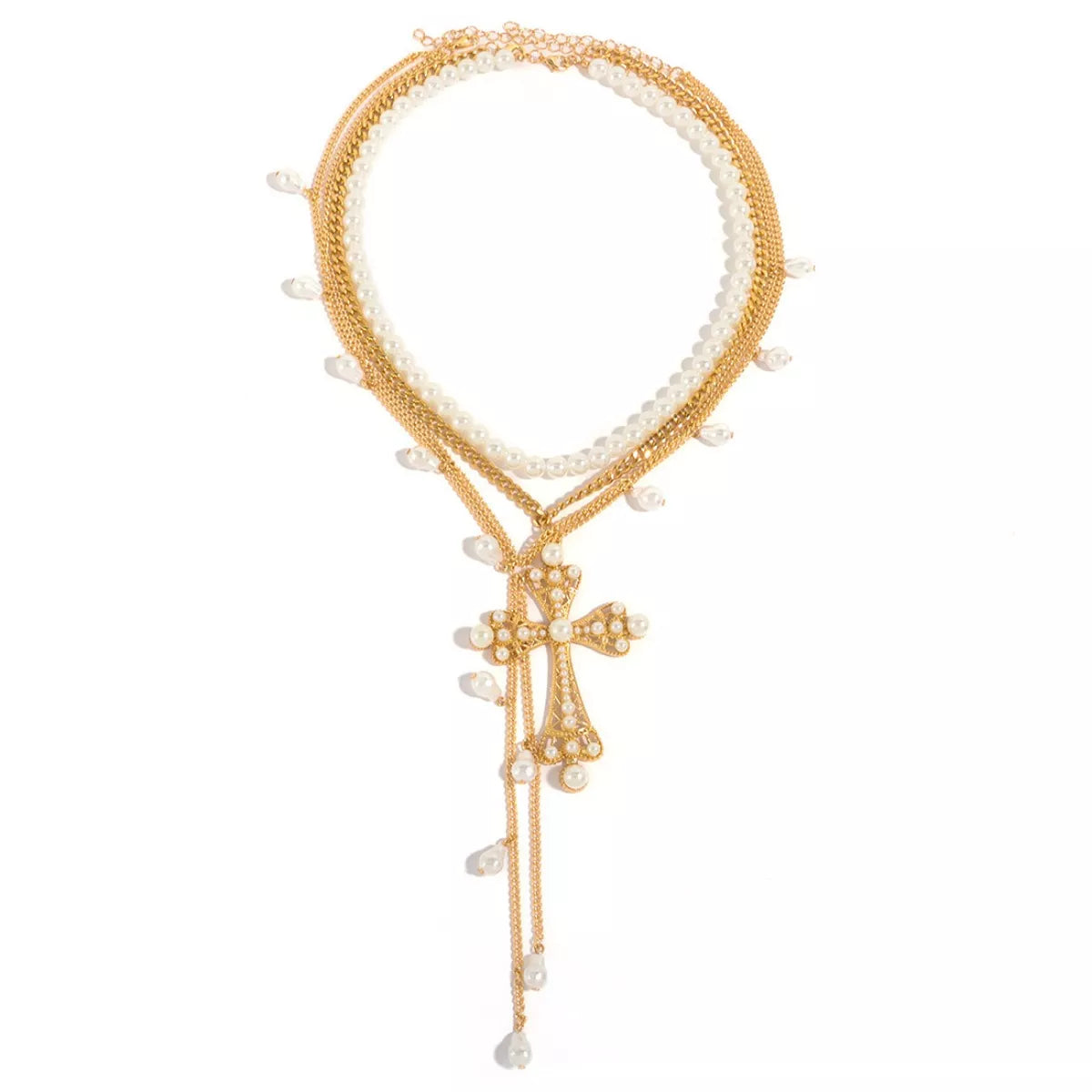 Pearl Cross Pendant Necklace 3 Piece Set Trendsi