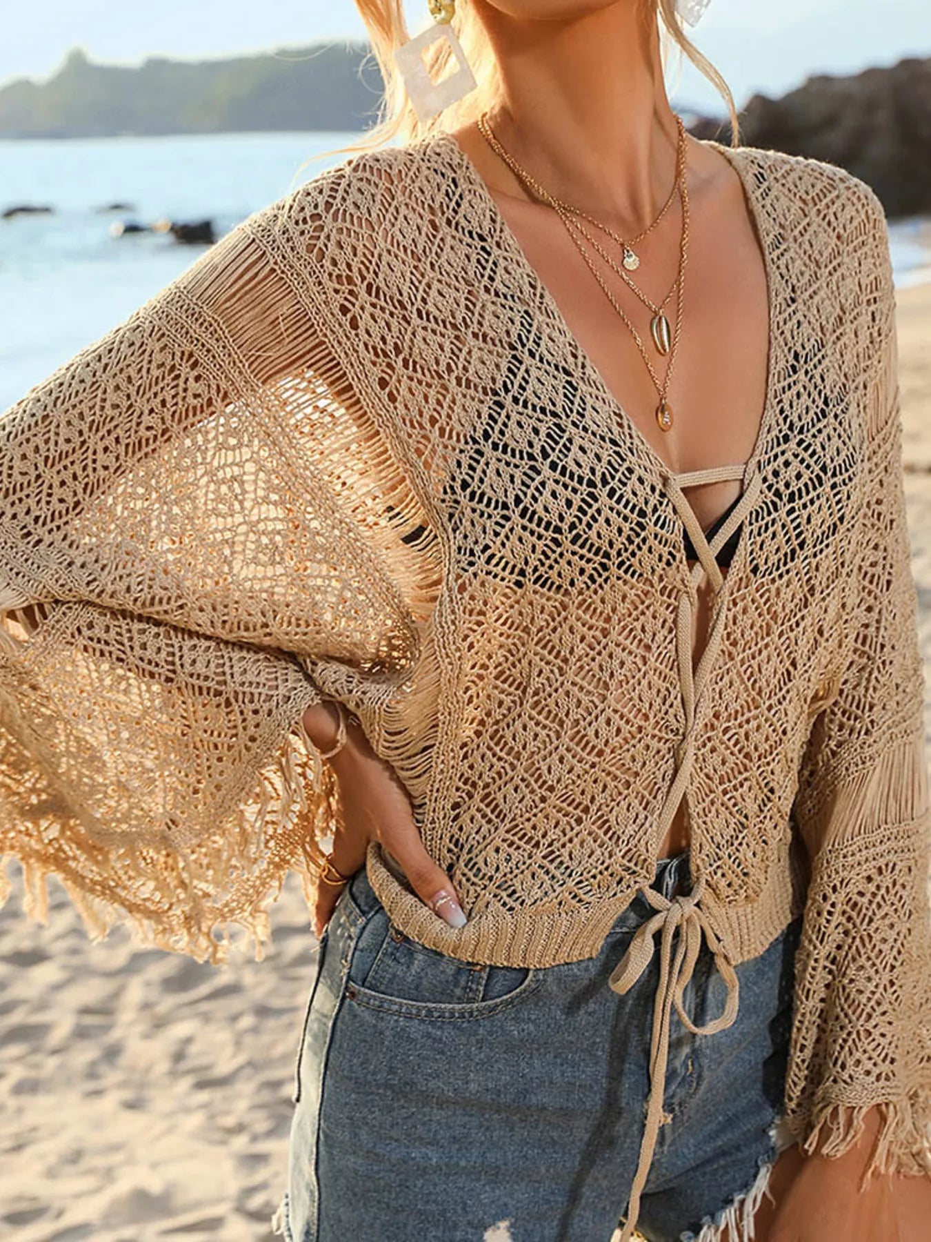 Crochet Knit Tie Front Cover-Up 