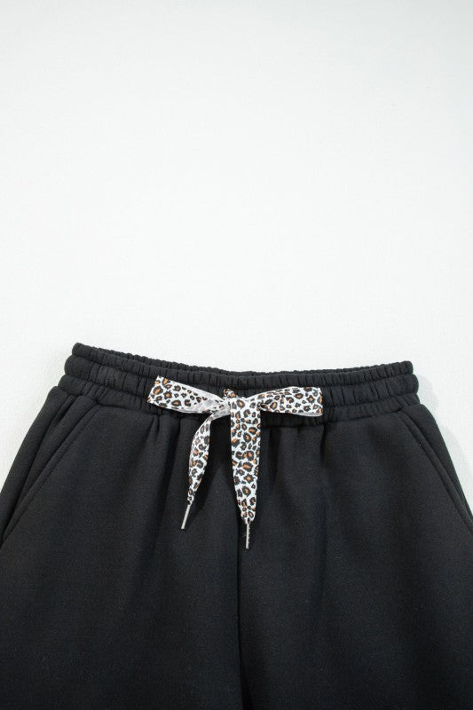 Leopard Drawstring Fleece Lined Elastic Waist Pant 