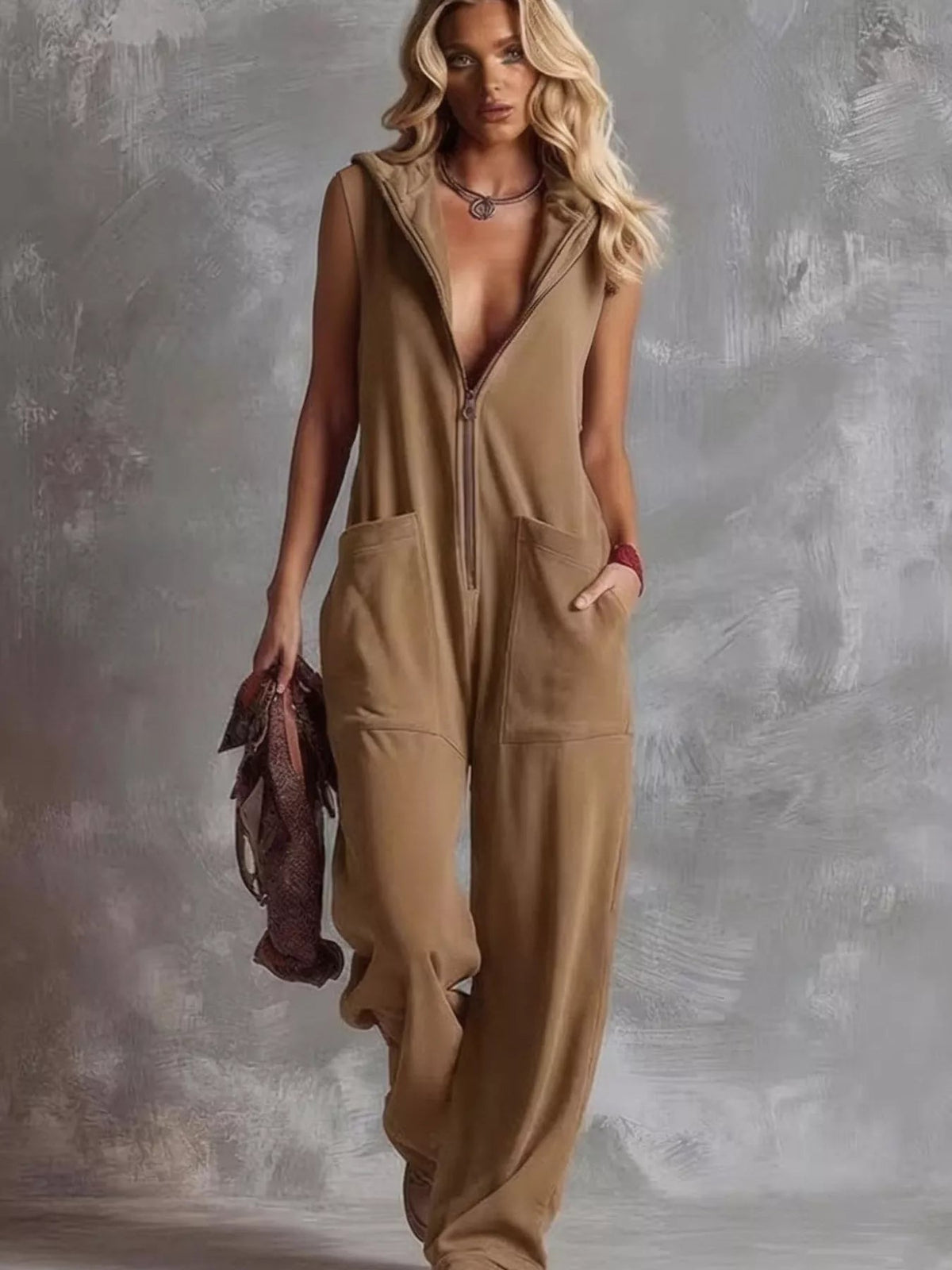 Sleeveless Hooded Zip-Front Casual Jumpsuit Trendsi