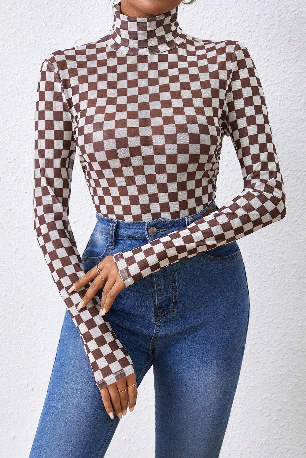 Checkered Turtleneck Long Sleeve Bodysuit 