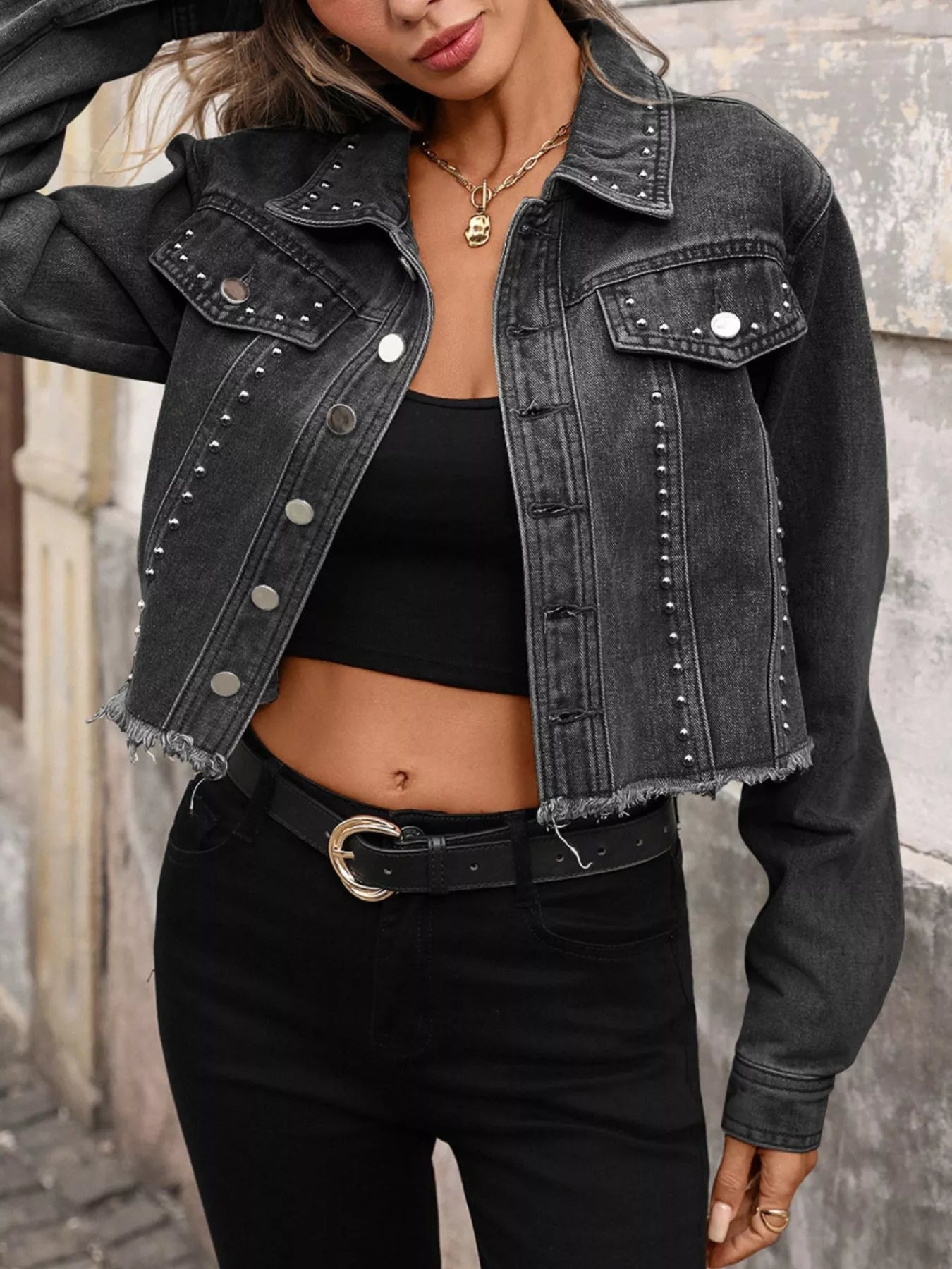 Studded Raw Hem Denim Jacket Trendsi