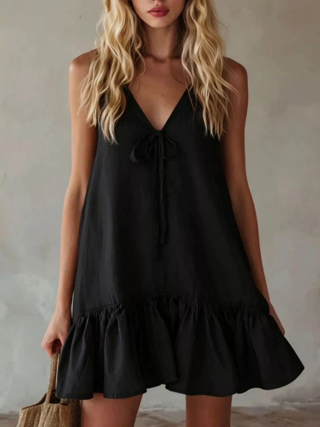 V-Neck Tie Front Ruffle Hem Mini Dress Luckygirlsclothingcompany.com