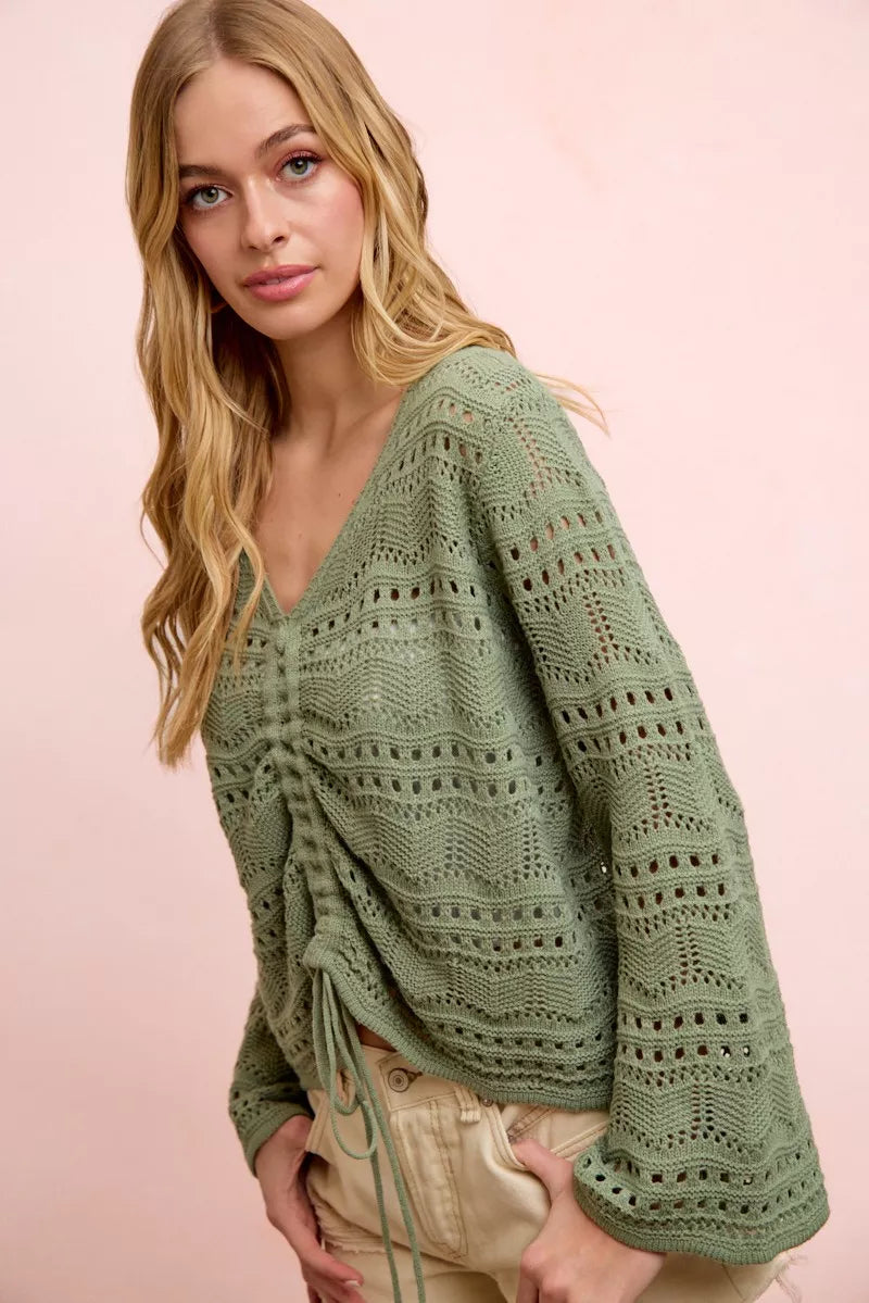 BiBi Pointelle Knit V Neck Ruched Front Lightweight Top Trendsi