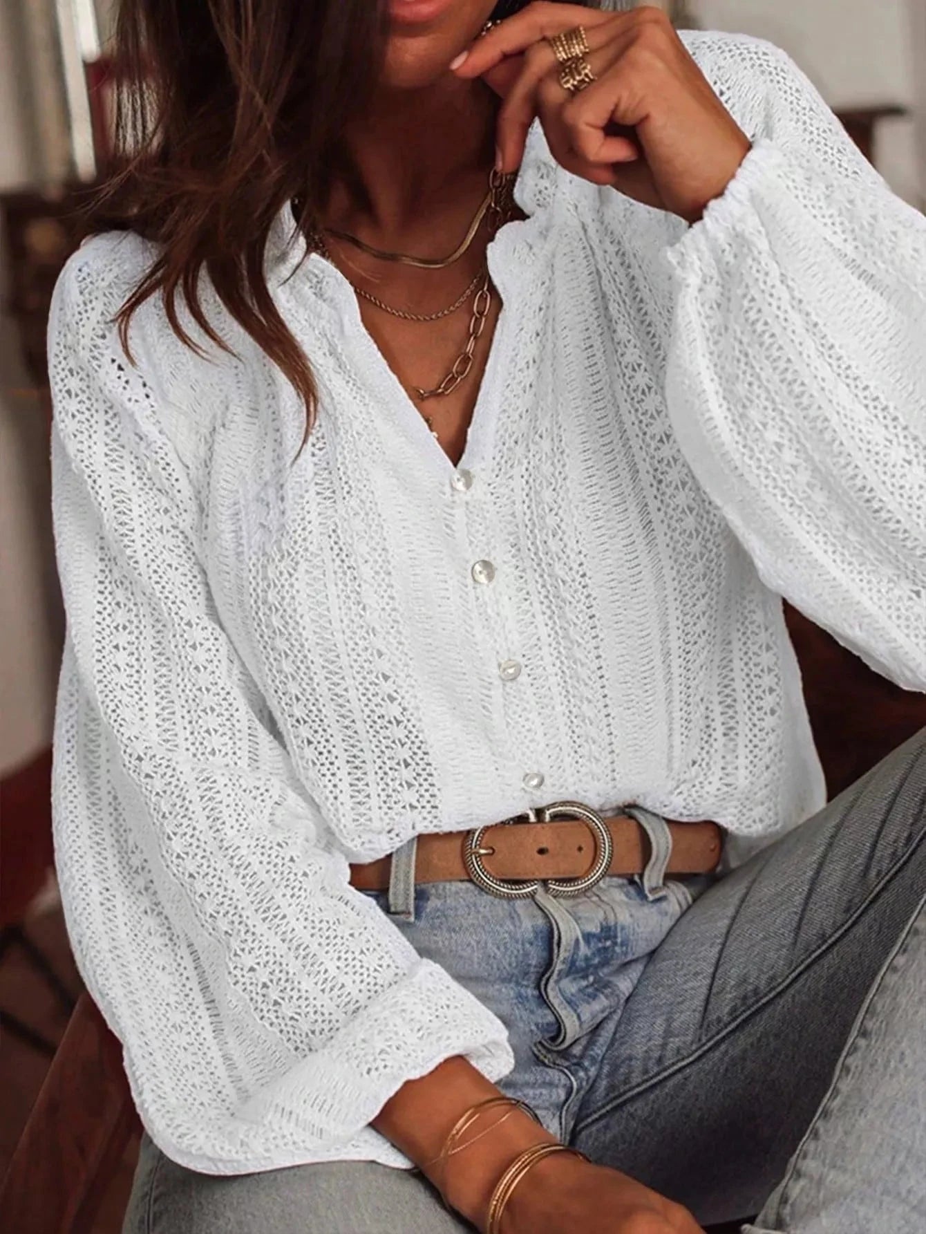 Lace Notched Long Sleeve Shirt 