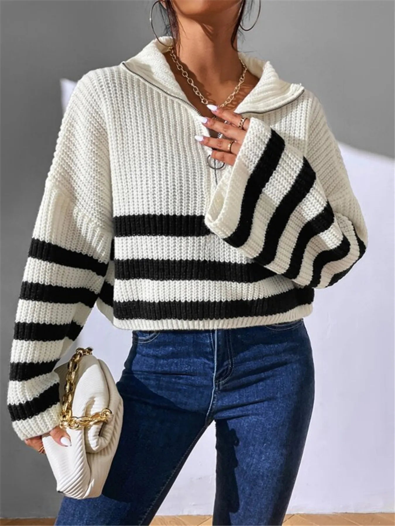 Striped Half Zip Cropped Sweater 