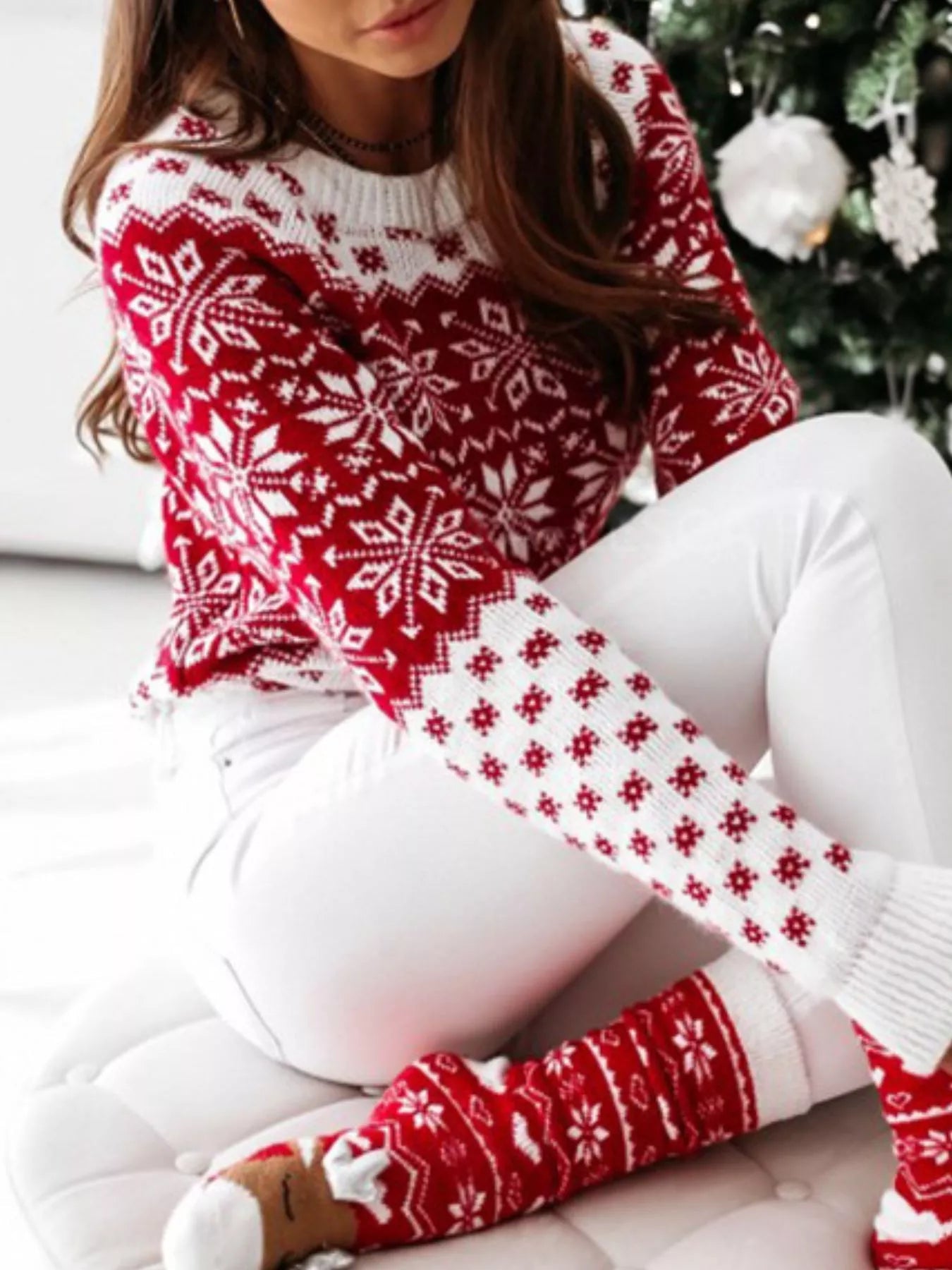 Snowflake Pattern Long Sleeve Sweater Trendsi