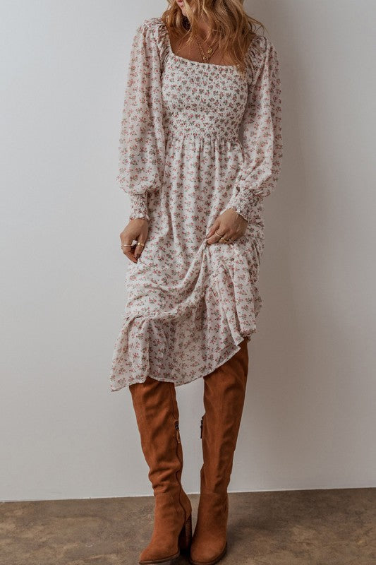 Floral  Shirred Ruffled Hem Square Neck Midi Dress YNIQUE
