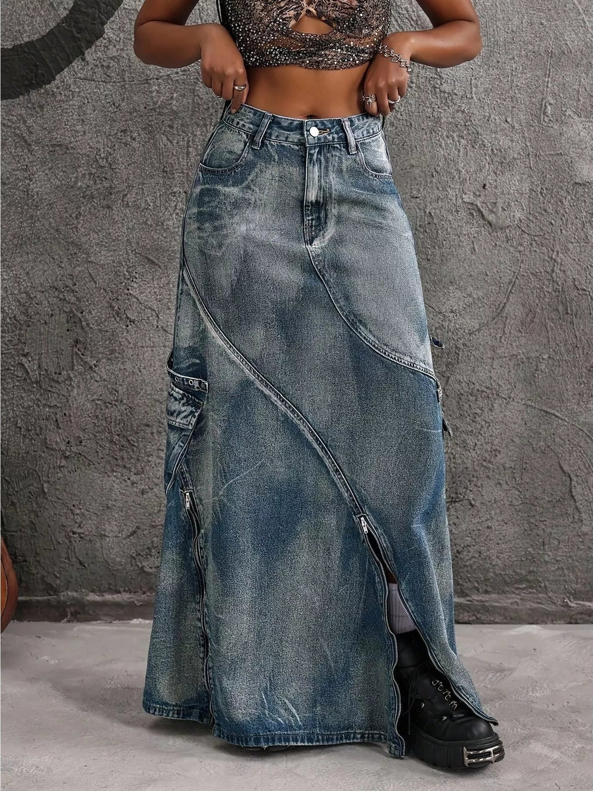 High-Waisted Denim Maxi Skirt with Zipper Slit Trendsi