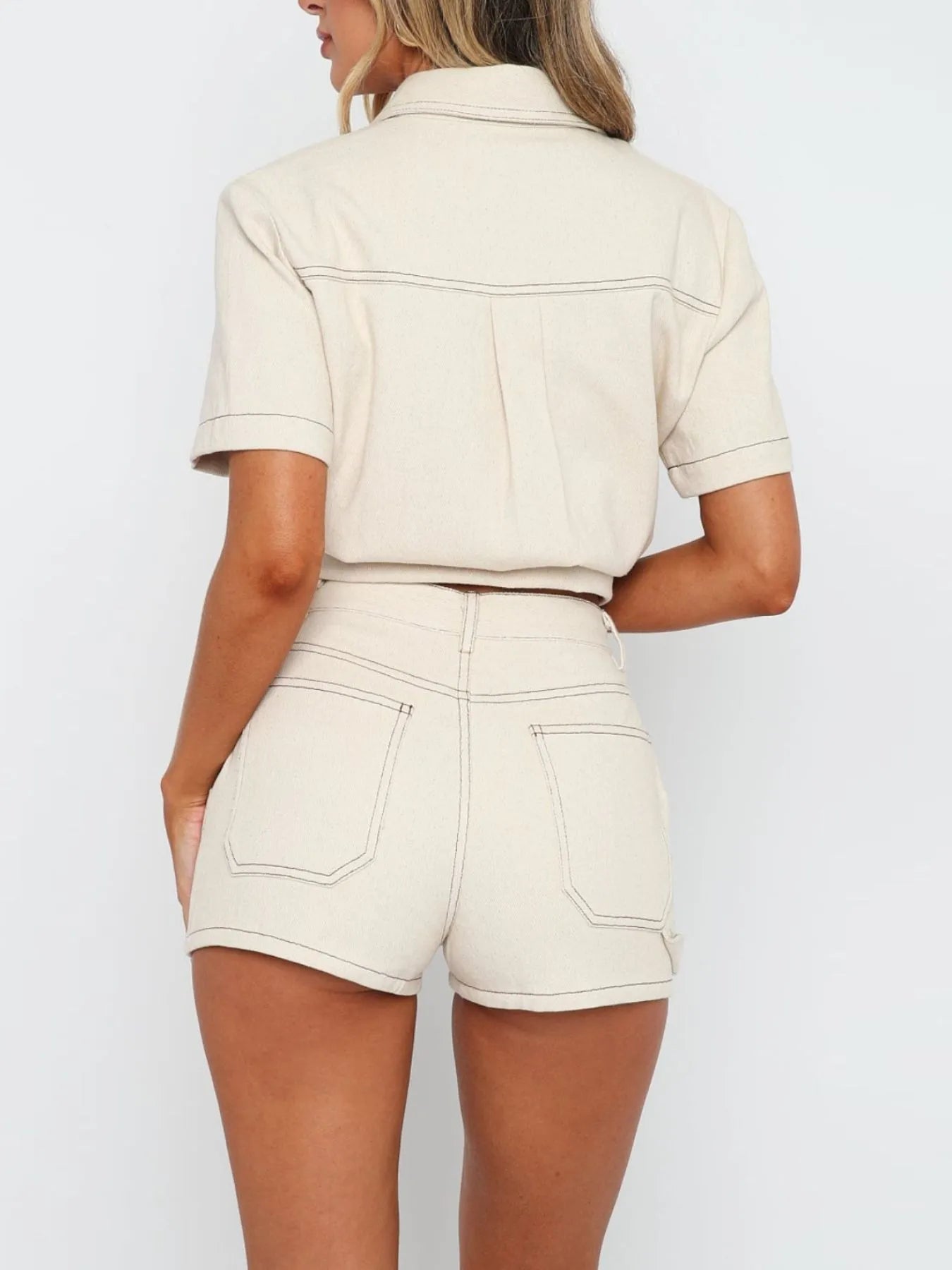 Button Up Short Sleeve Top and Shorts Denim Set Trendsi
