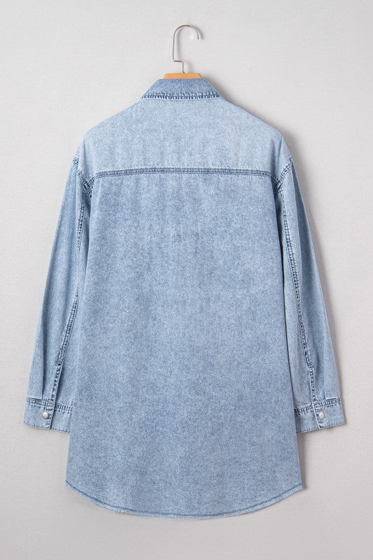 Solid Denim Chest Pocket Raw Hem Shirt Dress 