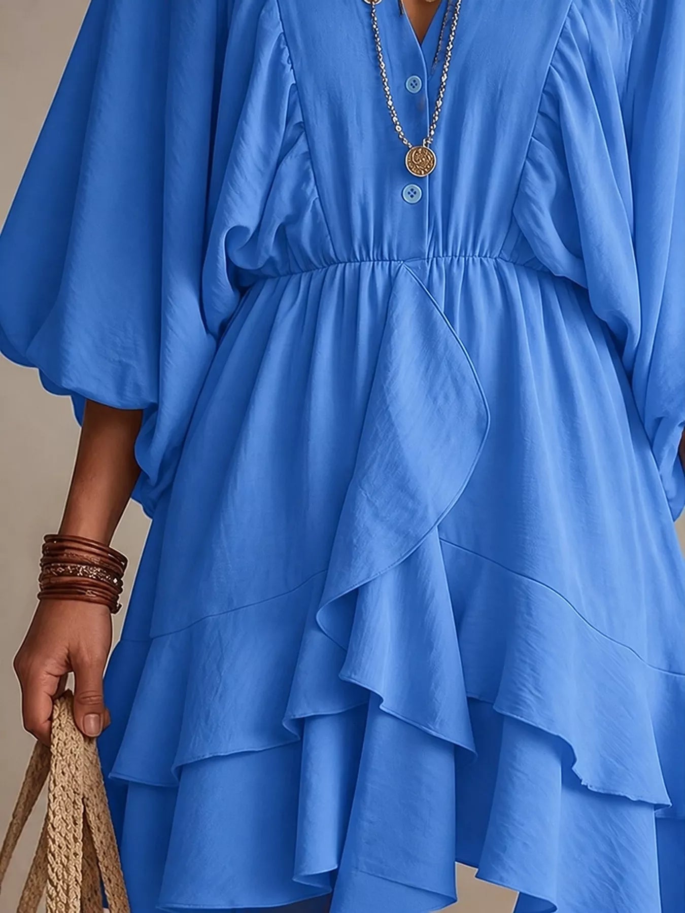 Ruffled Balloon Sleeve Mini Dress Trendsi