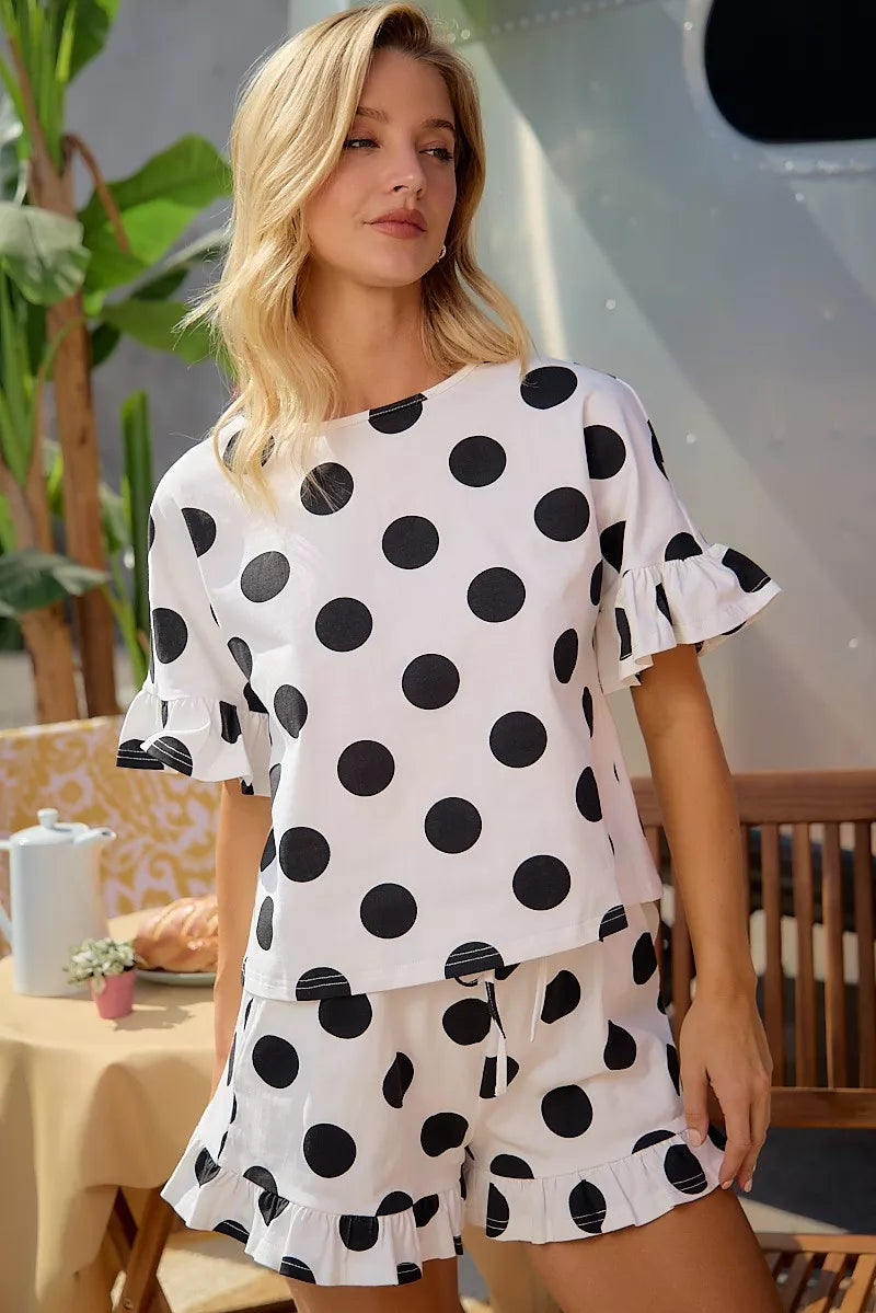 BiBi Polka Dots Printed Ruffled Detail Top And Shorts Set Trendsi