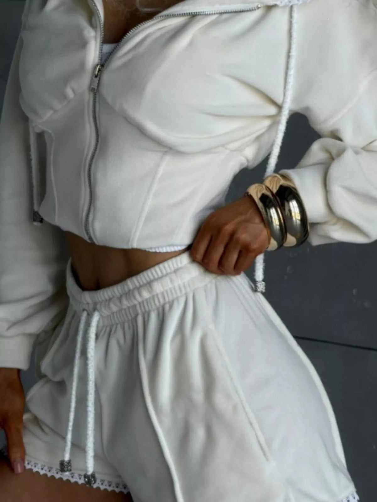 Drawstring Zip-Up Hoodie and Shorts Set 