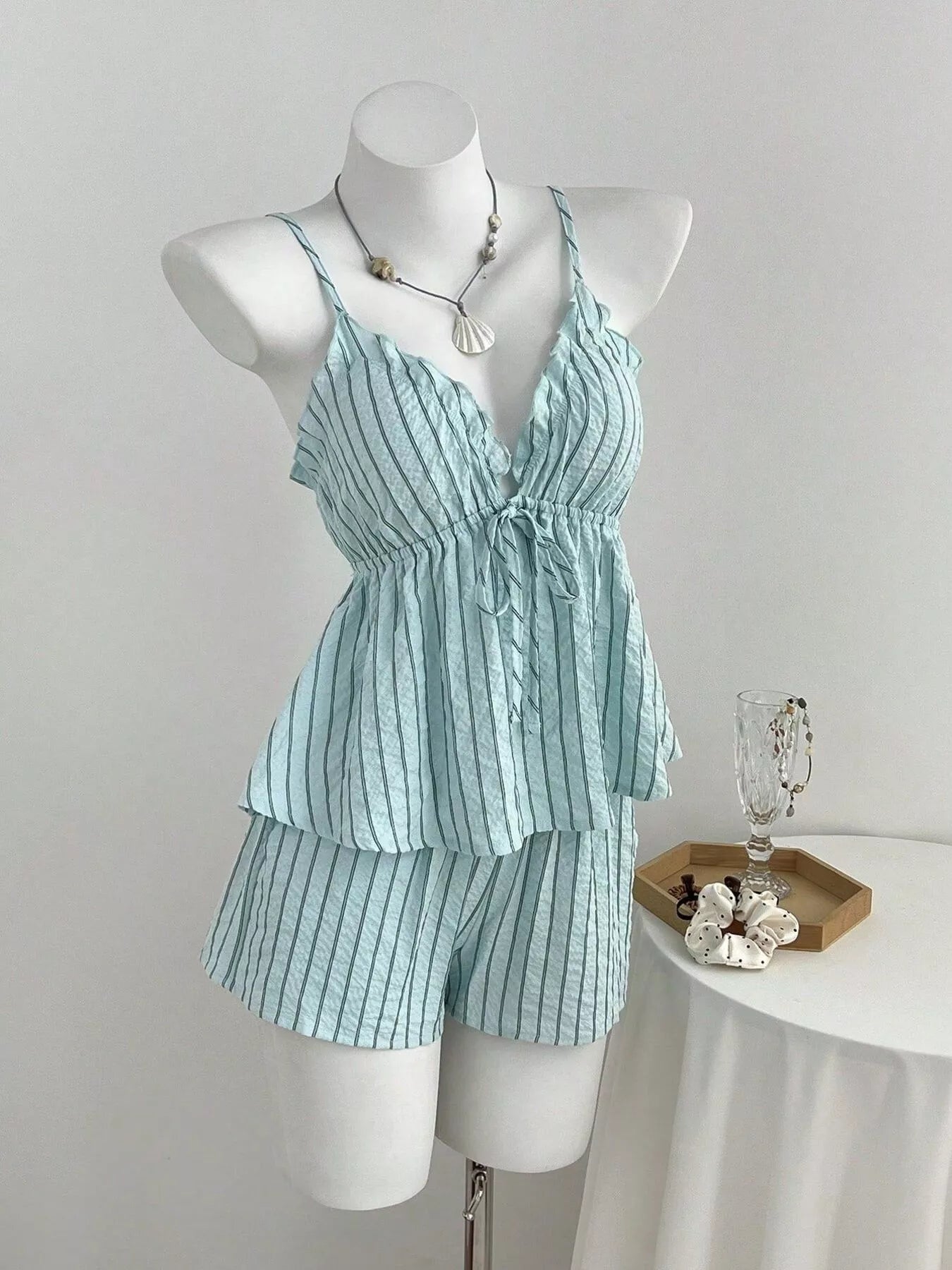 Tie Front Striped Cami and Shorts Set Trendsi