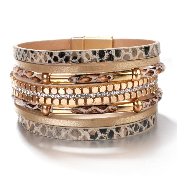 Snakeskin Leather Gold Bead Magnetic Close Bracele 
